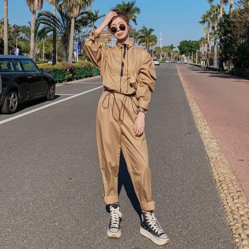 Khaki Jumpsuit for Women Long Sleeve Zipper Drawstring Waist Loose Streetwear Hip Hop One Piece Pants Sets Harem Overalls 8006