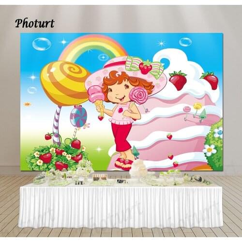 PHOTURT Strawberry Shortcake Backdrop Girls Birthday Party Photography Banner Sweet Candy Photo Background Decoration Props
