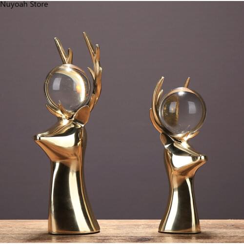 Crystal Copper Deer Head Ornaments Modern Home Decoration Creative Animal Statue Crafts Living Room Decoration Accessories