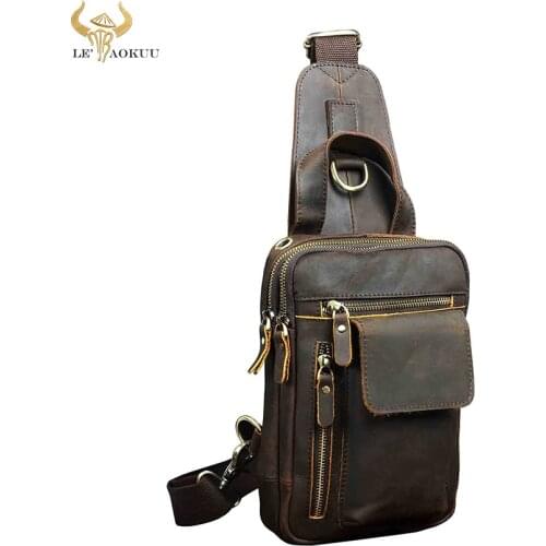 Quality Men Crazy Horse Leather Fashion Sling Chest Bag Design Travel Triangle Cross body Bag Daypack 8" Tablet Tea Male B574-d