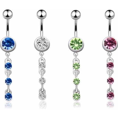 MODRSA 1Piece Crystal Long Dangle Navel Ring Rhinestone Belly Button Rings Stainless Steel Body Jewelry Piercing Ombligo