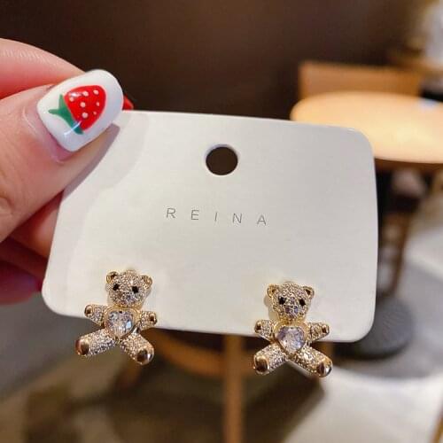 Korean Temperamental Cute Little Bear Ear Studs Compact Fresh Mosaic Crystal Semi-precious Stones Earrings Light Luxury Jewelry