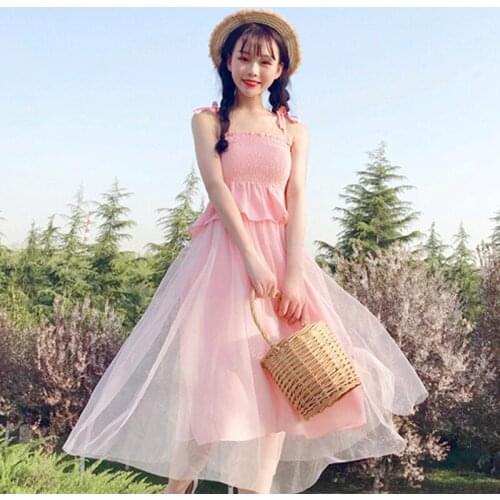 Younger Fashion Western Style Suit, Female Summer Korean Style Strap Waist Hugging Ruffled Top Mesh Fairy Skirt Two-Piece Set