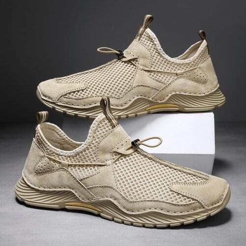 Summer Breathable Mesh Elastic Band Mens Sneakers High Quality Pigskin Leather Male Casual Shoes Soft Sole Flat Shoes For Men