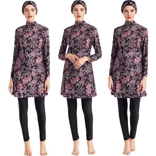 Muslim Women Swimwear Swimsuit Modest Burkini Full Cover Bikini Islamic Beachwear Bathing Suit Long Sleeve Print Swim Costumes