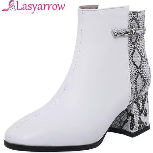 Lasyarrow Chunky High Heels Martin Boots Square Toe Martin Boots Black White Womens Shoes Snake Printing PU Leather Botas Mujer