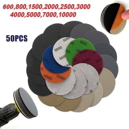50Pcs/set 3Inch Wet And Dry Sanding Discs Sandpaper Hook & Loop Pads 600/800/1500/2000/2500/3000/4000/ 5000/7000/10000 Grit