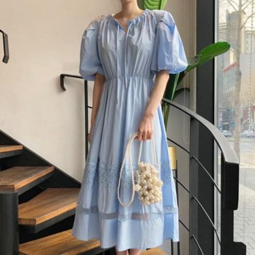Solid Blue Summer Women for Dresses O Neck Korean Style Puff Sleeve Waist Elegant Lace Stitching Long Vestidos 2021