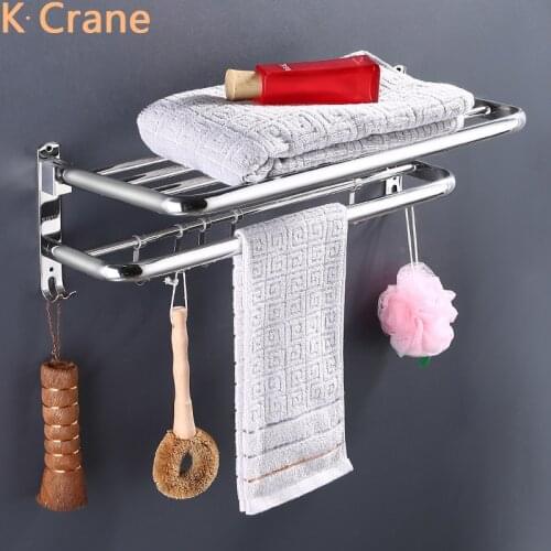 SUS304 Stainless Steel Towel Shelf Bathroom Wall Mounted Holder Chrome Fold Rack Bath Folding Rail Hotel Modern Hardware Shelves