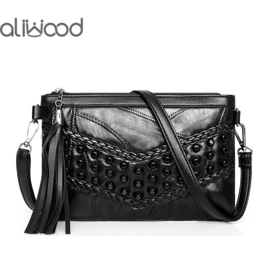 Aliwood Womens Genuine Leather Messenger Bags Rivet Clutch Ladies' Shoulder Bag Designer Handbags Tassel Crossbody Bag For Girl