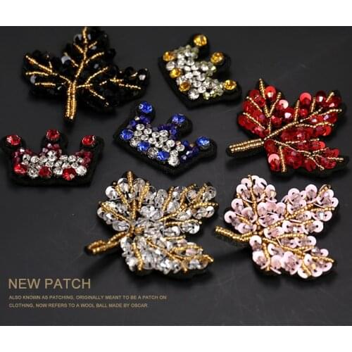 Maple Leaf Crown Sequin Embroidered Patches for Dress Patch Stripes for Clothing Badges Applique Thermal Stickers on Clothes