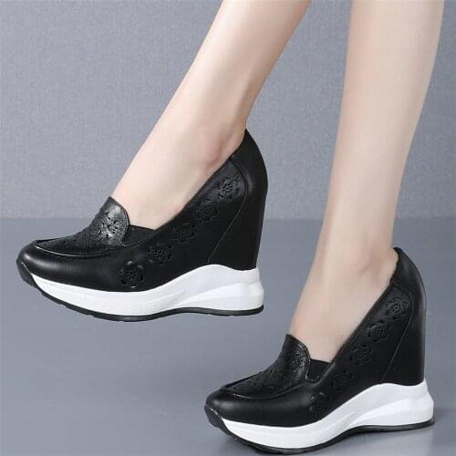 Wedges Mary Jane Shoes Women Genuine Leather Chunky High Heels Pumps Shoes Female Summer Round Toe Fashion Sneakers Casual Shoes