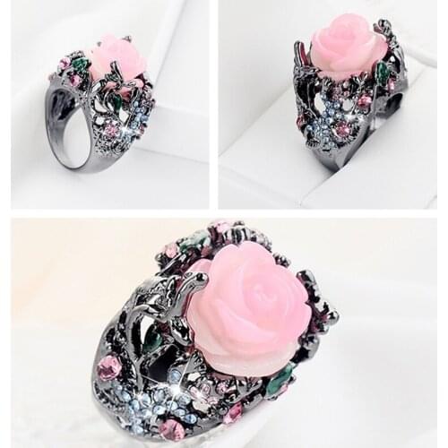 Vintage Black Tungsten Ring Peony Rose Flower Tree Vine Lizard Handmade Jewelry Resin Crystal Beaded Rainbow Ring