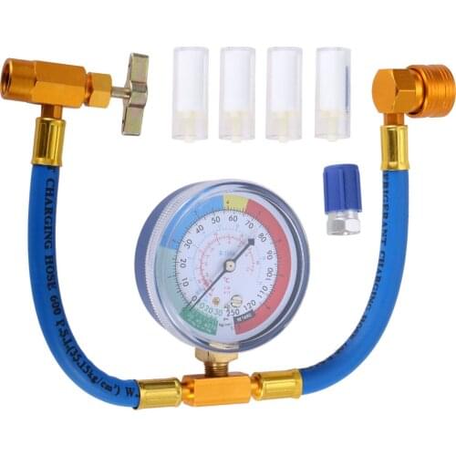 R134a Charging Hose w/Pressure Gauge Can Tap R134a can to R-12/R-22 port, R-12 to R-134a Retrofit Valve, w/Oil detection cotton