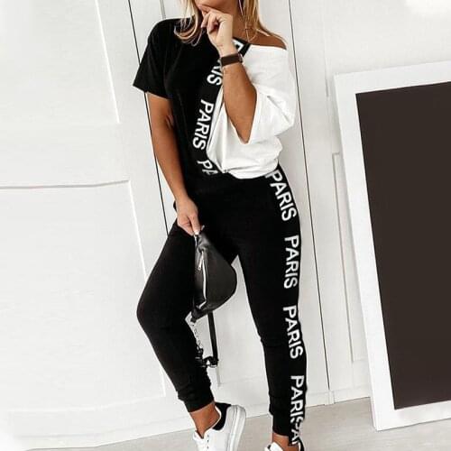 XUANCOOL 2021 Summer Splicing Loose Tracksuit Women 2 Piece Set Letter Print Short Sleeve Female Tops Sports Long Pant Suits