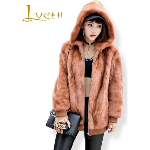 LVCHI Winter 2019 Female Solid Flower Elegant Long Real Mink Fur Coats Womens With Fur Hood Brown With Hat Long Mink Coats