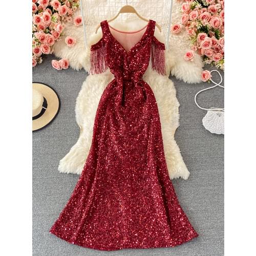 Red/Pink/White Sequins Party Maxi Dress For Women Sexy V-Neck Short Sleeve High Waist Tassel Long Robe Female Elegant Vestidos