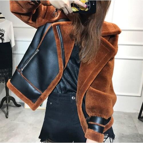 2020 Warm PU Leather Jackets Padded Wool Fur Coat Female Winter Jacket Women Green Coats Plus Size Abrigo Mujer WXF472