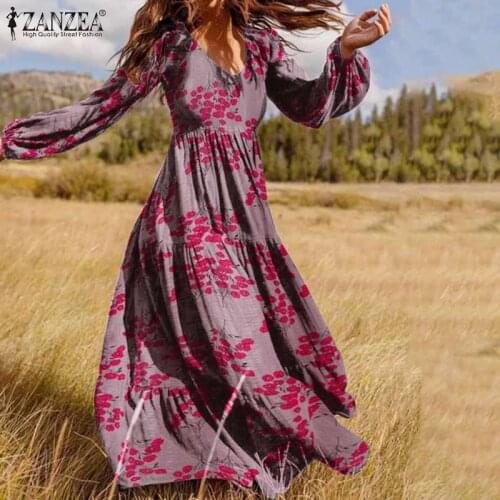 2021 Women Ruffle Dresses ZANZEA Female Floral Print Vestidos Casual Puff Sleeve Beach Robe Autumn Party Sundress