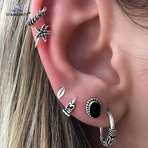 Starbeauty 6pcs/set Oval Black Stone Helix Piercing Earring Studs Star Fake Nose Ring Tragus Labret Rings Fake Piercing Jewelry