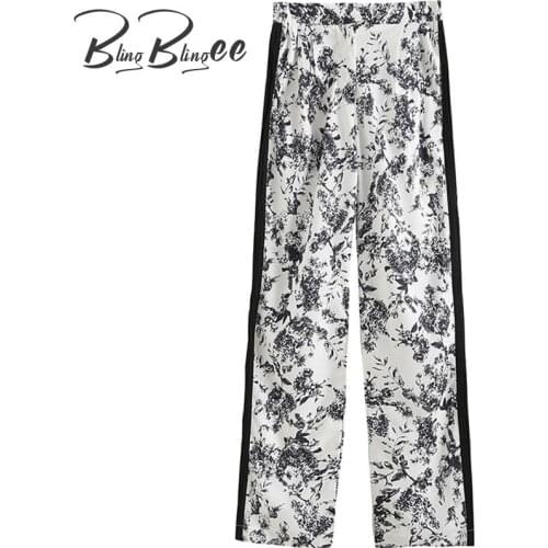 BlingBlingee Summer Printed Pleated Patchwork Contrast Side Women High Waist Straight Pant Female Casual Thin Long Trousers