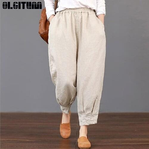 Trousers Women New 2020 Summer Pockets Solid Cargo Baggy Cotton Linen Pants Plus SizeLoose Elastic Waist Harem Pants PT359