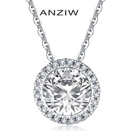 ANZIW 925 Sterling Silver 2.0ct Round Cut Halo Pendant Necklace for Women Simulated Diamond Engagement Wedding Jewelry Gifts