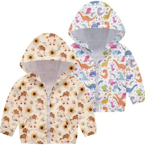 Children Spring Long Sleeve Zipper Jacket Unisex Baby Cartoon Clothes Autumn Dinosaur Hooded Coat Windproof & Waterproof Tops