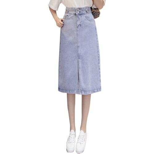Denim Midi Skirt 2021 Spring & Summer Split Denim Skirt High Waist Slim Simple A-line Mid-length Skirt for Young Women BSQ308