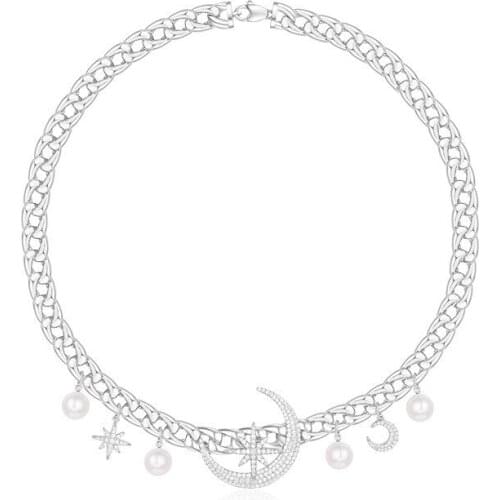 Luxury Real 925 Sterling Silver Stars Moon Short Necklace Fashion Cubic Zirconia Choker Women Fine Party Brand Jewelry