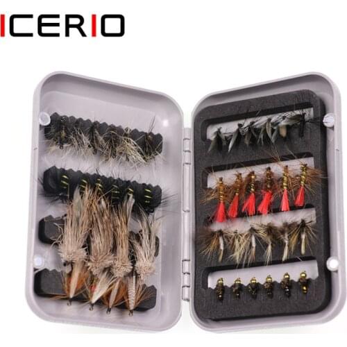ICERIO 34/44pcs Fly Fishing Box Dry Wet Flies Nymph Tying Hook Trout Fishing Fly Lure Bait Tackle Storage Case