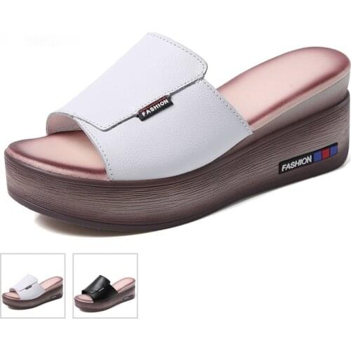 Summer New Leather Thick-soled Sponge Cake Womens Sandals Korean Fashion Outer Wear Mother Slippers Increase Womens Slippers