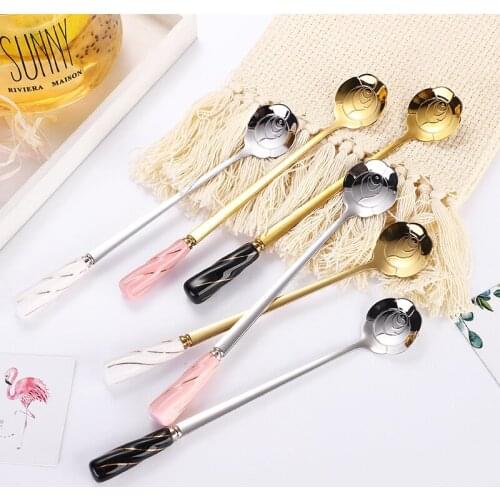 Ceramic long handle stirring spoon stainless steel coffee spoon creative mug spoon black gold dessert spoon scented tea spoon