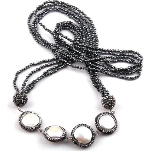 Fashion Bohemian Jewelry Mini Hematite Stone and 4 Handmake Paved Pearl Charm Necklace For Women Ethnic Necklace