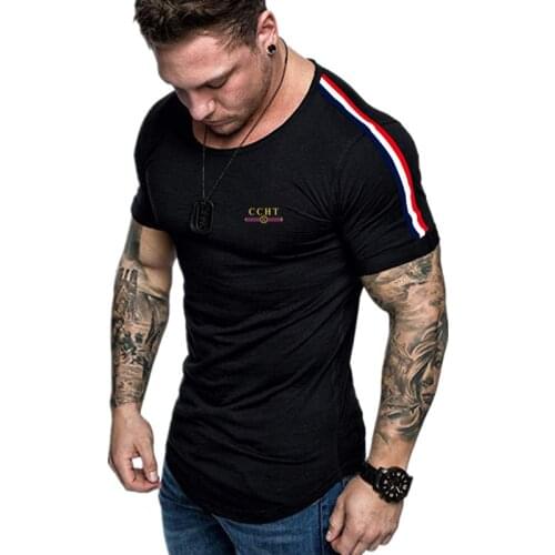 2021 Short Sleeve Shoulder Strip T-Shirt Streetwear Hip Hop Summer Printed Mens Fitness Sports Curved Hem T-Shirt Large Size 5XL