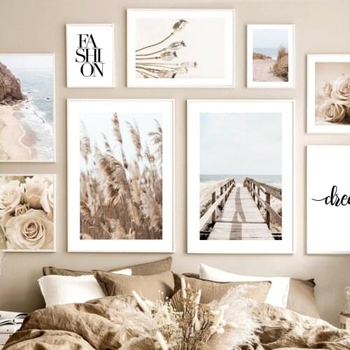 Bridge Beach Beige Reed Grass Lion Rose Wall Art Canvas Painting Nordic Posters And Prints Wall Pictures For Living Room Decor