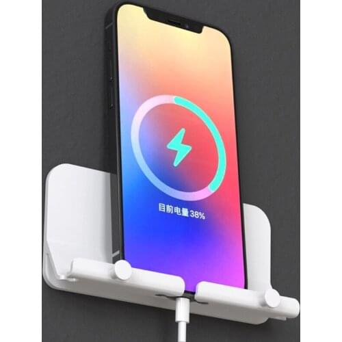 Wall Mount Smart Phone Holder Stand with Charging Hole Self-Adhesive Key Hanging Rack Storage Towel Hook Shelf Hanger for