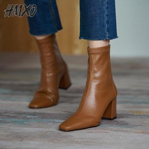 HMXO Autumn Pointed Toe Martin Boots Square Heel Women Boots Thick Heel Casual Womens Leather Boots Square Toe Motorcycle Boots