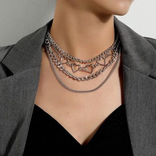 Punk Multilayer Thick Chains Hollow Heart Choker Necklace Women Vintage Hiphop Geometric Clavicle Necklace Colar Jewelry Gift