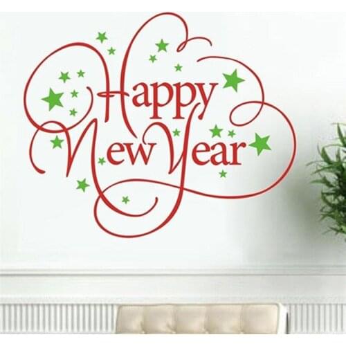 Happy New Year Quotes with Star Pattern Wall Stickers For Shop Office Home Decoration Vinyl Wall Decal Festival Mural Art Poster