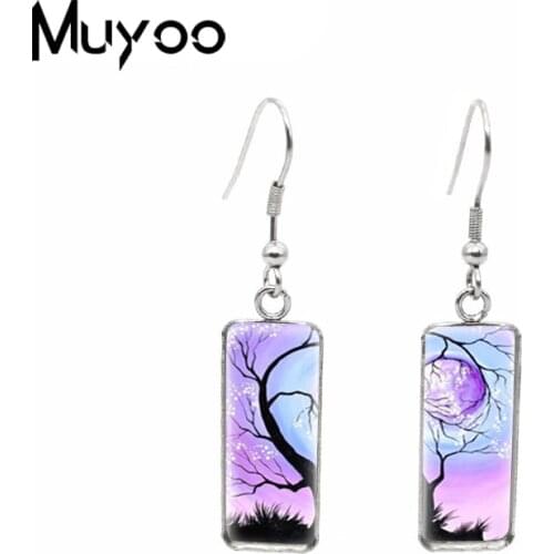 New Retro Life of Tree Colorful Paintings Rectangle Stainless Steel Fish Hook Earrings Handmade Jewelry Earrings
