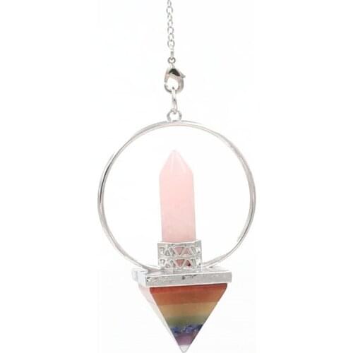 Layer Colorful Square Pyramid Silver Plated Circle Rose Pink Quartz Hexagon Column Pendant with Chakra Beads Chain Jewelry