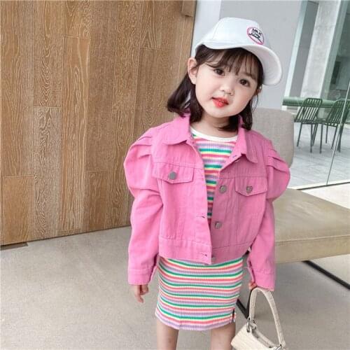 Stylish Kids Baby Girls Denim Jacket Puff Long Sleeve Solid Color Pocket Spring Autumn Tops Outfits Children Clothes