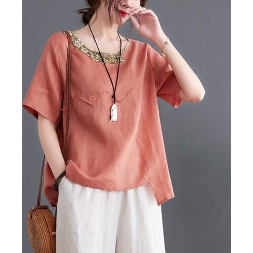 Patchwork Vintage T Shirts 2021 New Arrival Short Sleeve Loose Summer T Shirt Womens Tops Cotton Linen Travel Casual T-shirt