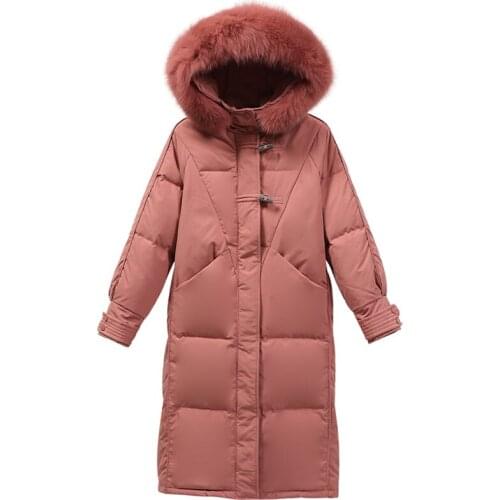 Womens Winter White Duck Down Jacket Korean Style Large Fur Collar Hooded Long Parkas Loose Women Warm Windproof Coat
