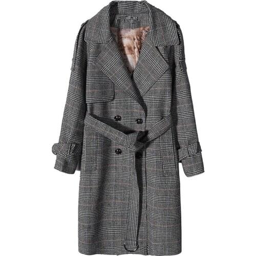 Korean Style Ladies Trench Coat Plaid Long Double Breasted Belted Oversize Loose Women Outerwear 2021 Womens Autumn Jacket
