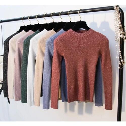 Sweaters 2021 New Korean Style Knit Tops Femme Women Long Sleeve Shiny Lurex Pullover Spring Autumn Tops Basic Sweaters