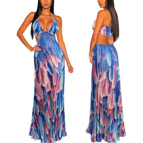 Women Elegant Long Dress Feathers Print Sleeveless Spaghetti Strap for Summer Female Backless Sexy Vestidos Halter Dresses