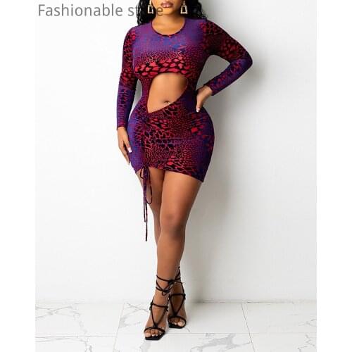 Women Print Hollow Shirring Long Sleeve Bodycon Dress