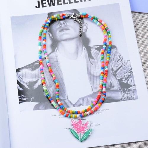 2021 New Summer Bohemia Colorful Round Plate Rose Flower Pendants Necklace for Women Soft Pottery Necklace Beach Jewelry